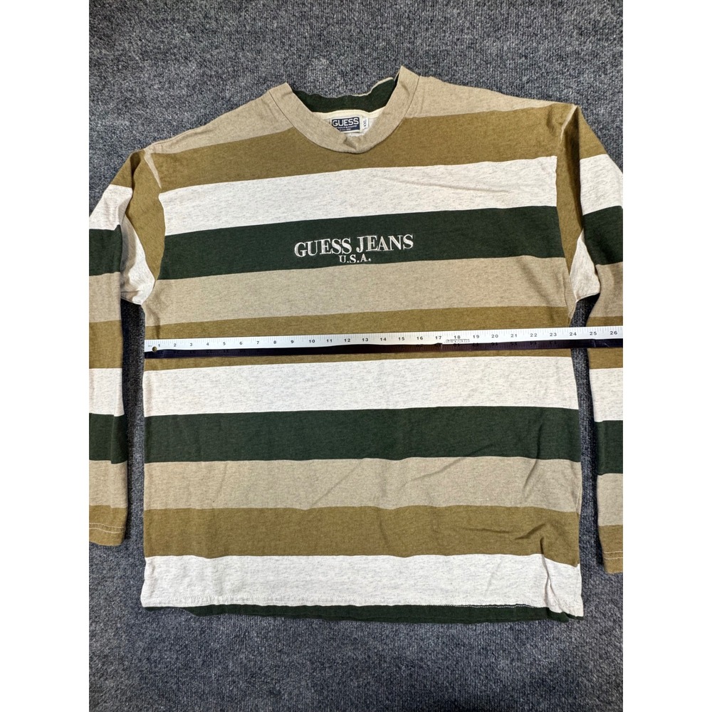 Vintage GUESS Jeans USA Striped Long Sleeve Shirt XXL Tan Green Embroidered Logo - Picture 7 of 7